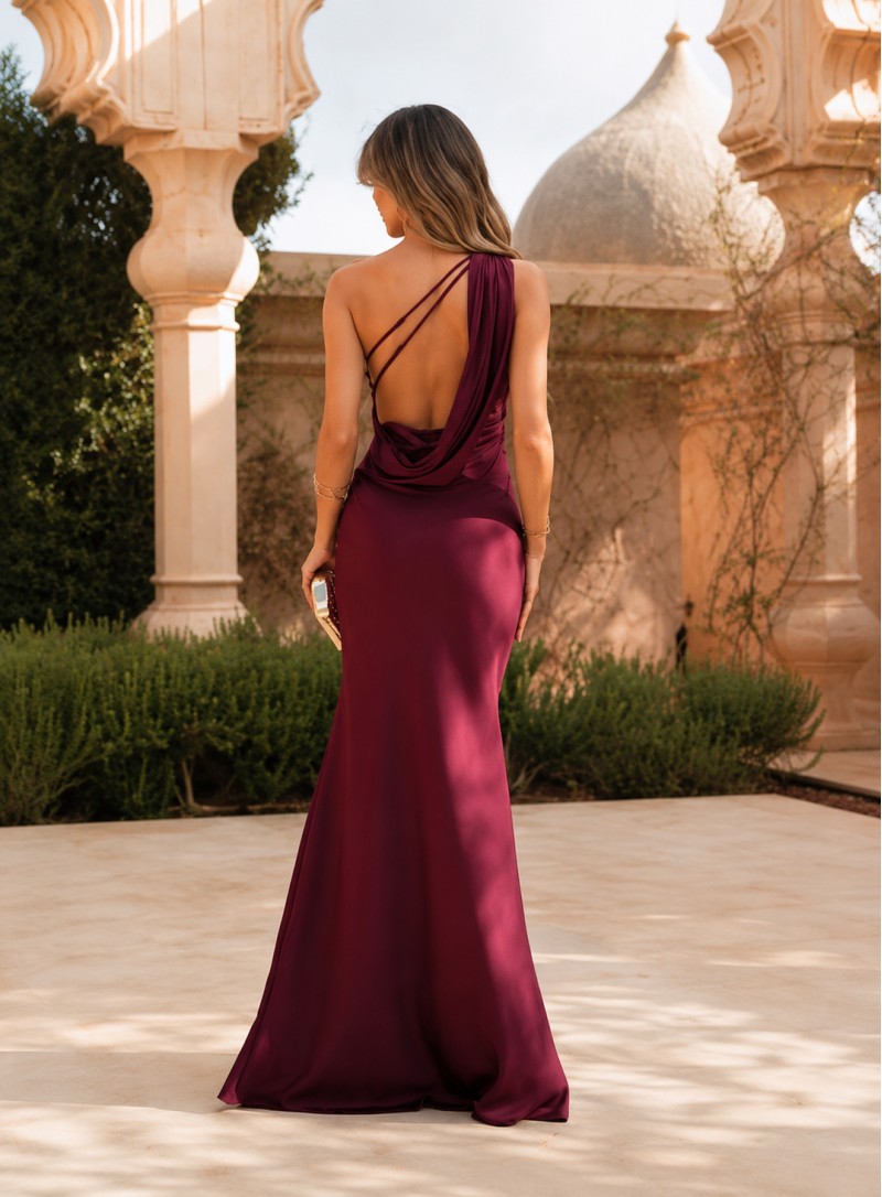 ΦΟΡΕΜΑ MAXI ONE SHOULDER BACKLESS BORDEAUX 26465 Κοκτέιλ Φορέματα