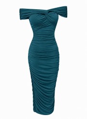 ΦΟΡΕΜΑ OFF SHOULDER KNOT PETROL BLUE 26491 Κοκτέιλ Φορέματα