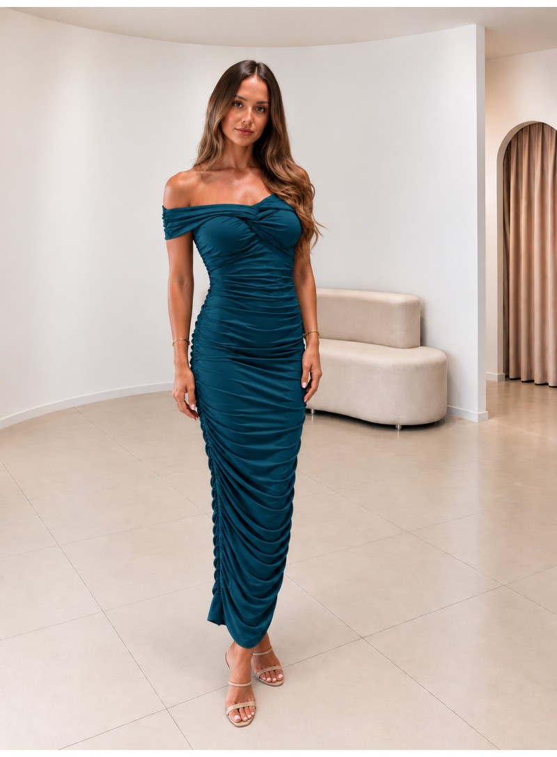ΦΟΡΕΜΑ OFF SHOULDER KNOT PETROL BLUE 26491 Κοκτέιλ Φορέματα