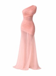 ΦΟΡΕΜΑ MAXI ONE SHOULDER SHEER ΡΟΖ 26437 Κοκτέιλ Φορέματα