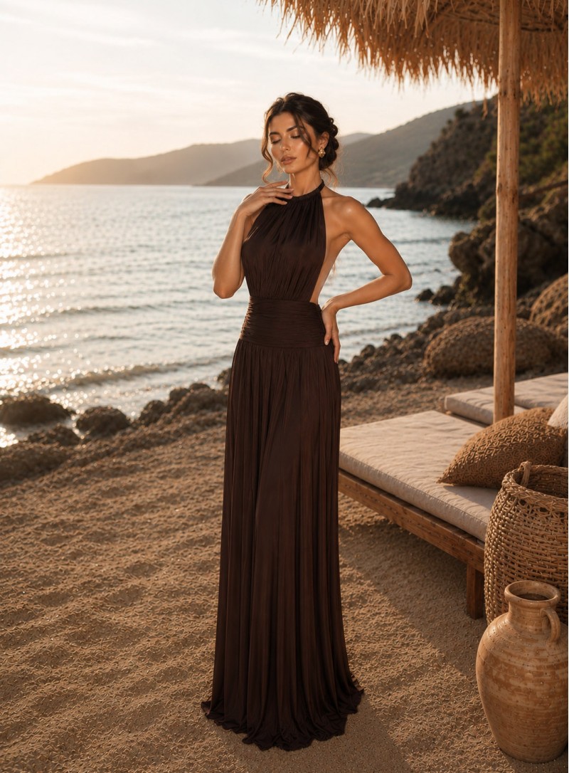 ΦΟΡΕΜΑ MAXI HALTER NECK BACKLESS CHOCOLA 26441 Κοκτέιλ Φορέματα