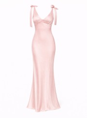 ΦΟΡΕΜΑ MAXI ΣΑΤΕΝ BOWS ΡΟΖ 26444 Κοκτέιλ Φορέματα