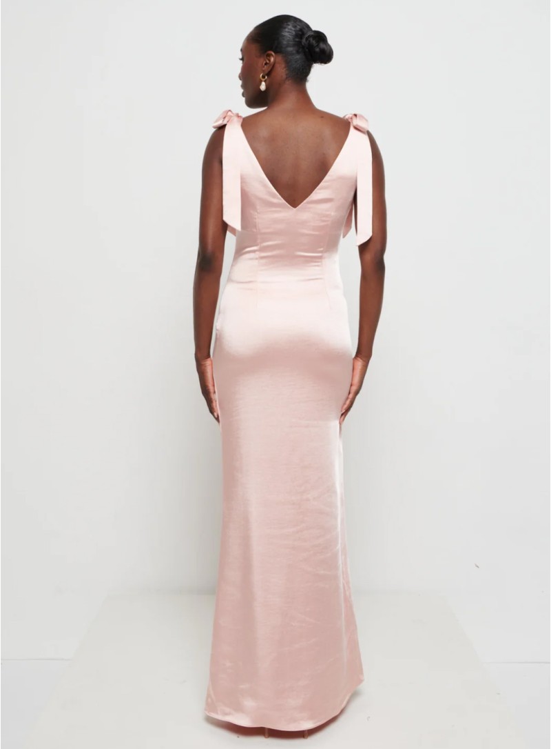 ΦΟΡΕΜΑ MAXI ΣΑΤΕΝ BOWS ΡΟΖ 26444 Κοκτέιλ Φορέματα