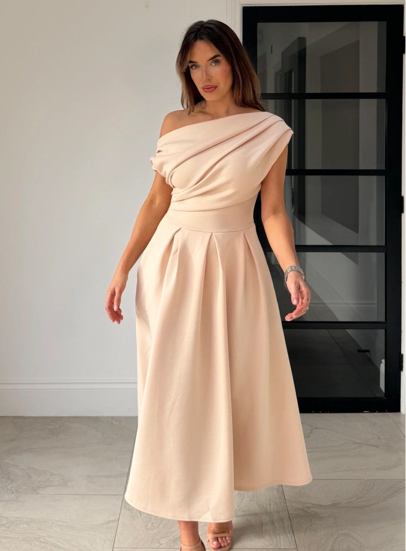 ΦΟΡΕΜΑ MIDI OFF ONE SHOULDER NUDE 26445 Κοκτέιλ Φορέματα