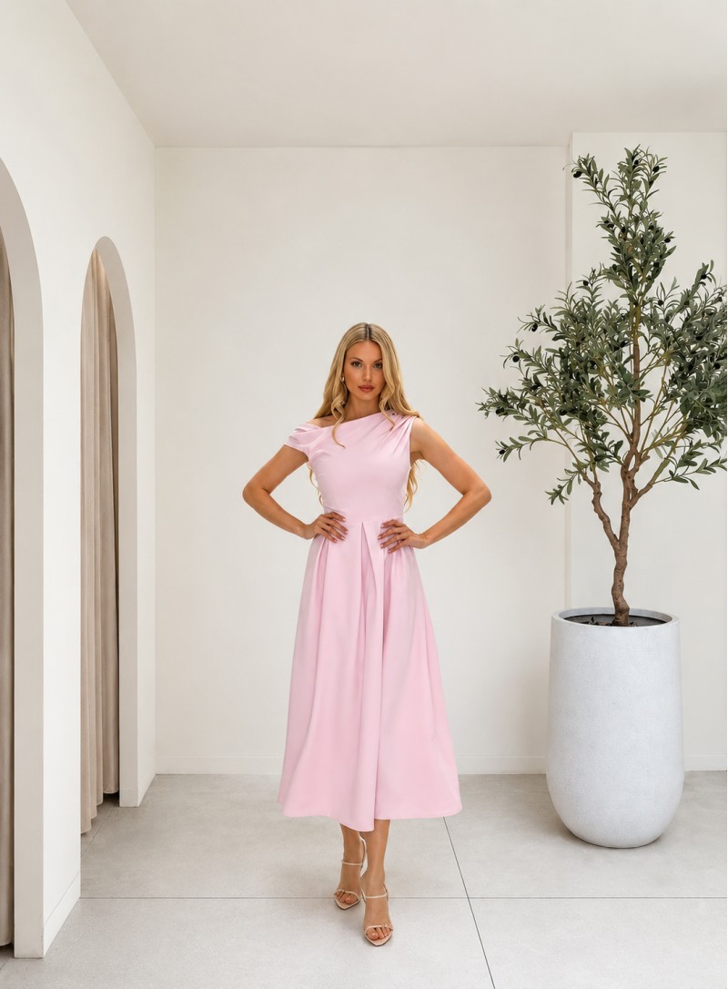 ΦΟΡΕΜΑ MIDI OFF ONE SHOULDER ΡΟΖ 26445 Κοκτέιλ Φορέματα