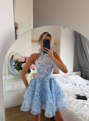 ΦΟΡΕΜΑ MINI HALTER FLORAL ΓΑΛΑΖΙΟ 26466 Κοκτέιλ Φορέματα