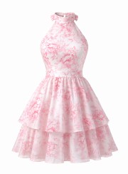 ΦΟΡΕΜΑ MINI HALTER FLORAL ΡΟΖ 26466 Κοκτέιλ Φορέματα