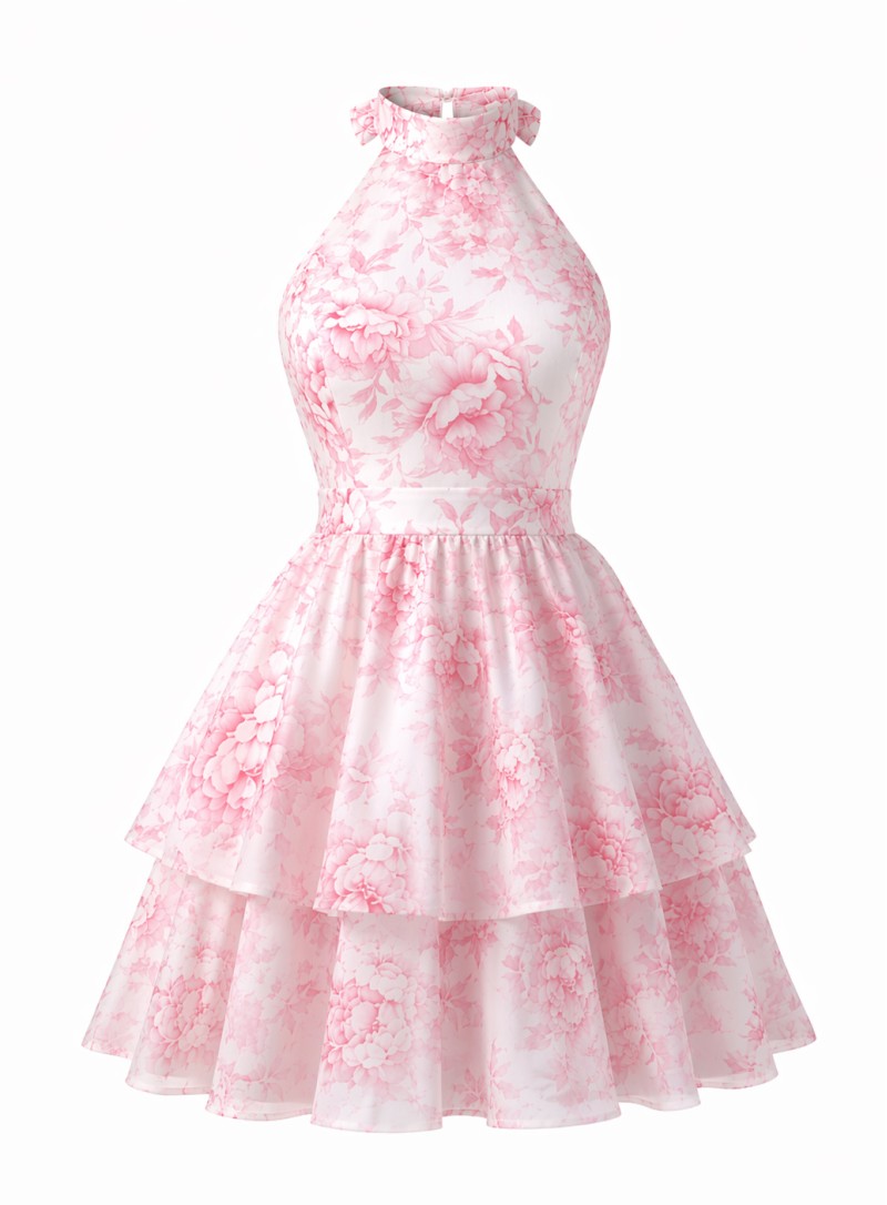 ΦΟΡΕΜΑ MINI HALTER FLORAL ΡΟΖ 26466 Κοκτέιλ Φορέματα