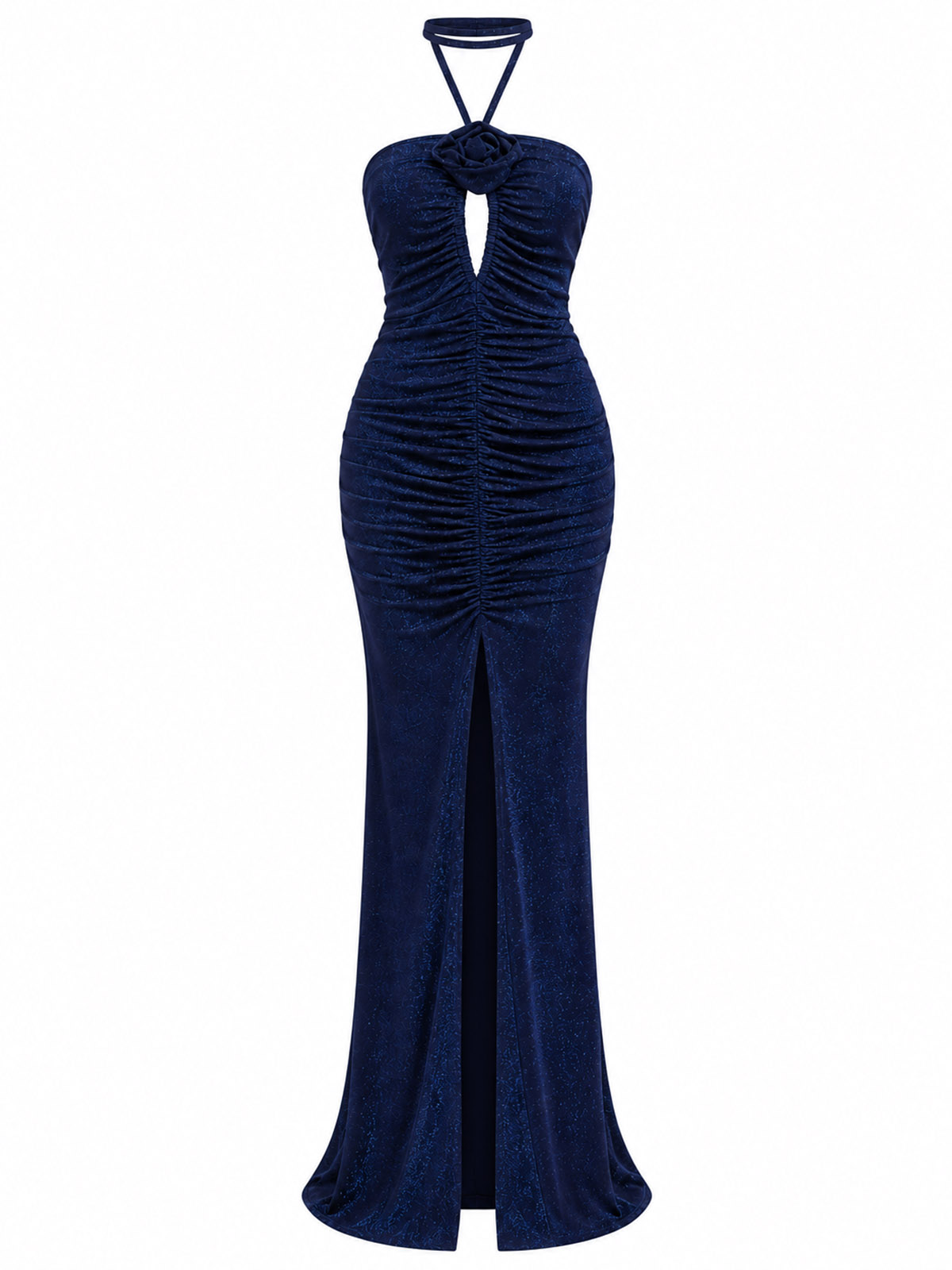 DRESS MAXI STRAPLESS LUREX FLOWER INK BLUE 25418